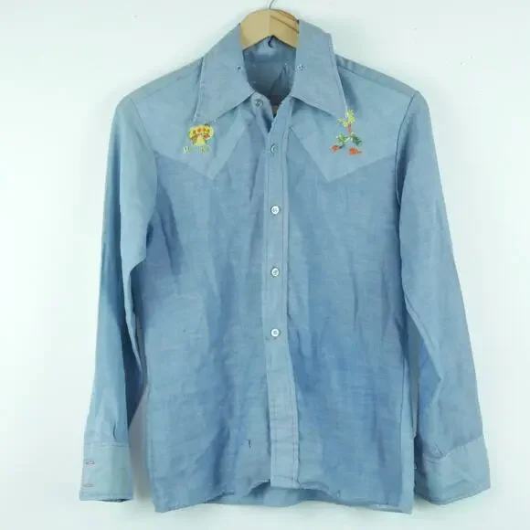 Vintage 70s Embroidered Shirt XS S Mushroom Western THRASHED Hippy Farmer - Picture 2 of 10